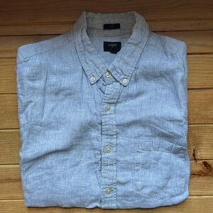 🍀 J Crew Men's Linen Short Sleeve Button Down Blue/White Stripe
 Large Slim Fit